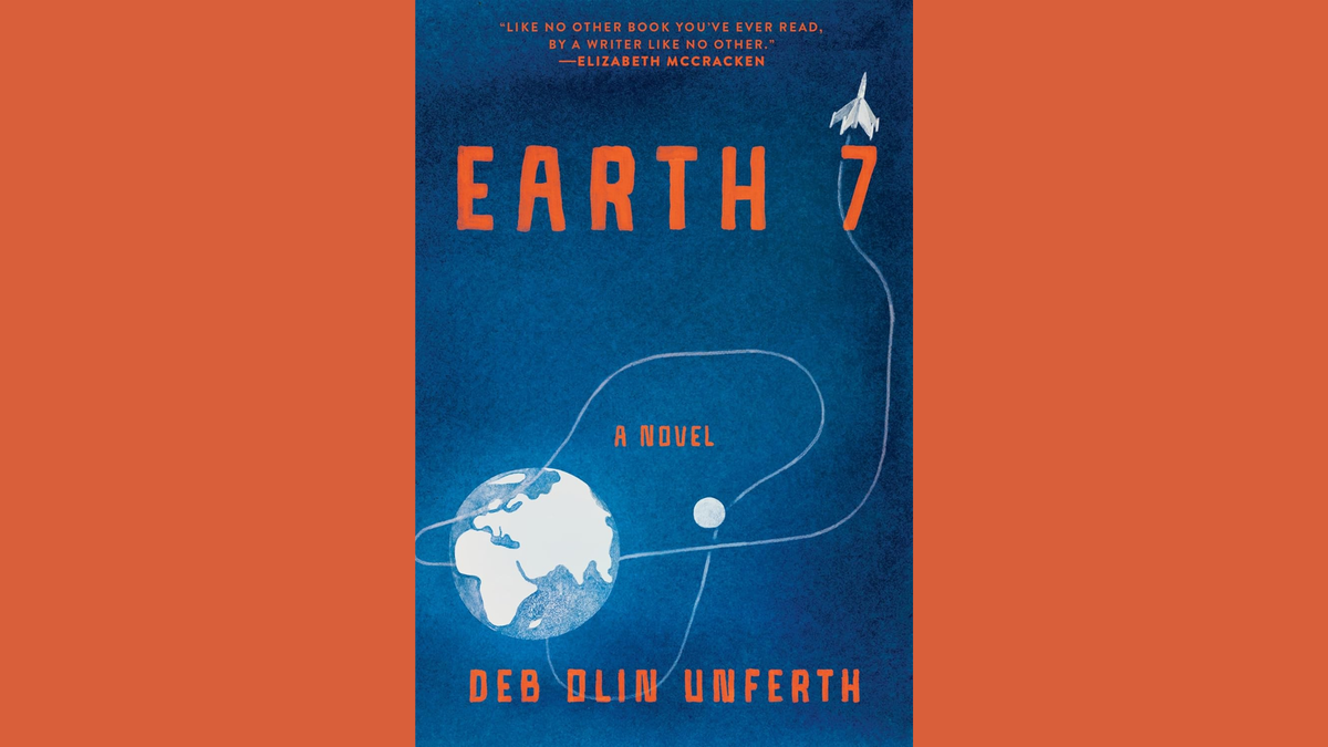 Cover of Earth 7 on an orange background matching the book's text. The cover shows a spaceship flying a meandering path away from Earth and the moon, in white on washed-out blue.