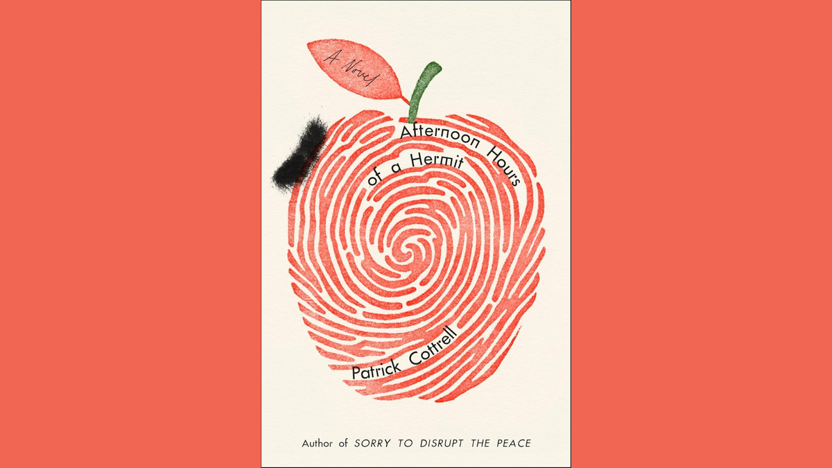 Cover of Afternoon Hours of a Hermit, featuring a red mazelike drawing in the shape of an apple that also resembles a fingerprint.