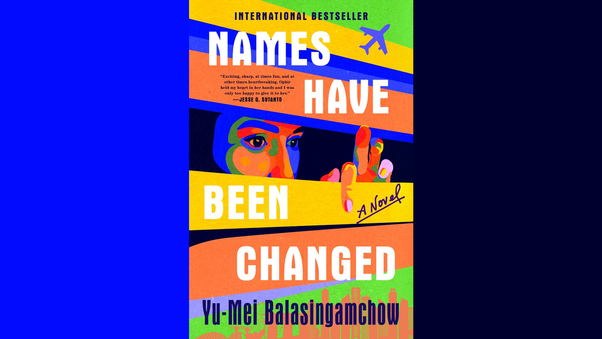 Cover of Names Have Been Changed, featuring a multicolor image of a person peering through window blinds, set between solid blue and black panels that complement the color palette