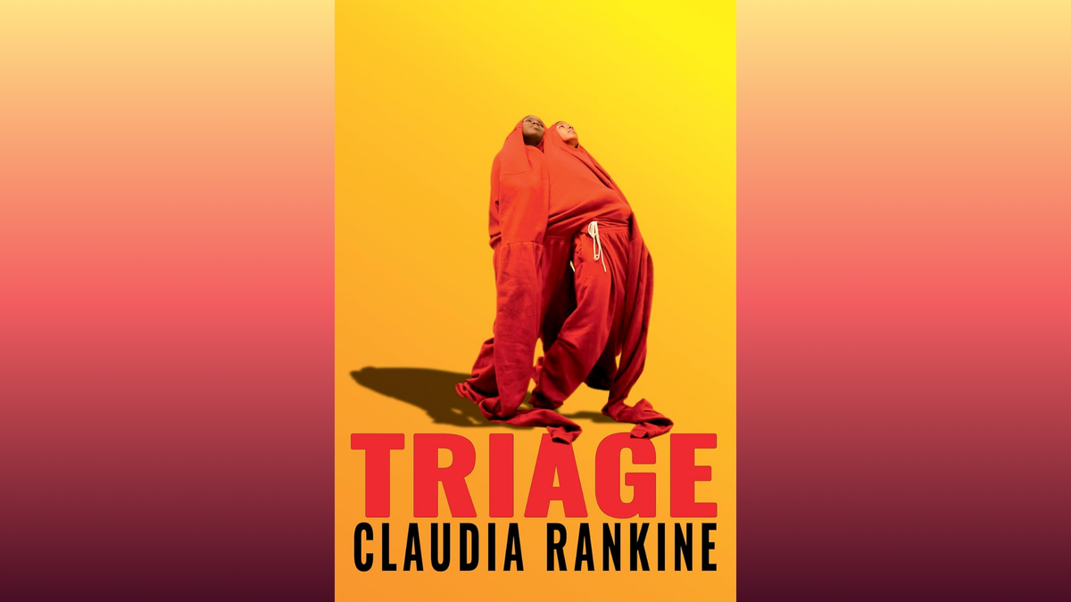 Cover of Triage, on gradient yellow-to-red background, featuring two people dressed in red clothing that appears to be connected between them, looking up