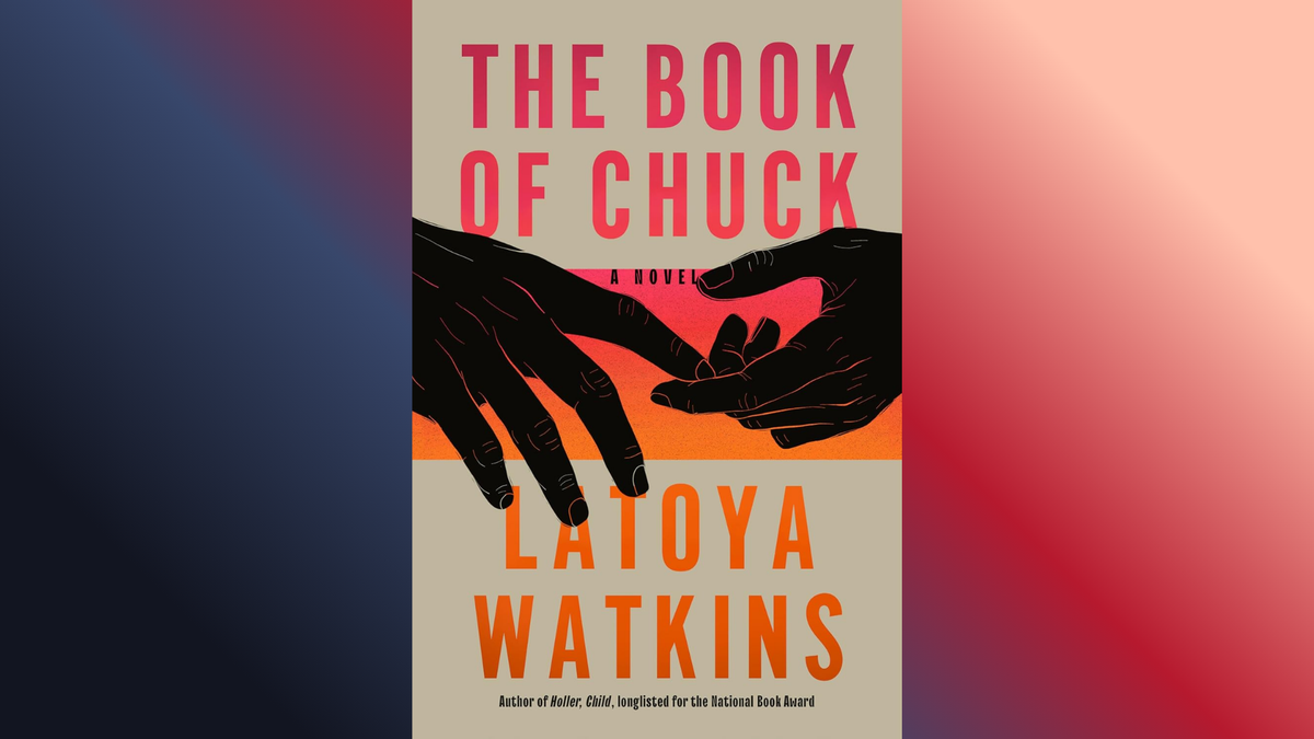 The cover of The Book of Chuck, featuring two sketched black hands, one reaching out to touch the index finger of the other. The background is a gradient from blue to light red.