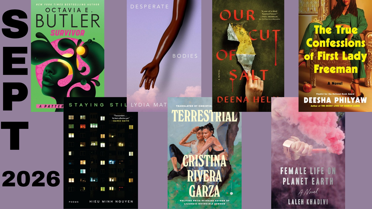 Two rows of book covers over a lavender background with SEPT 2026 along the left hand margin