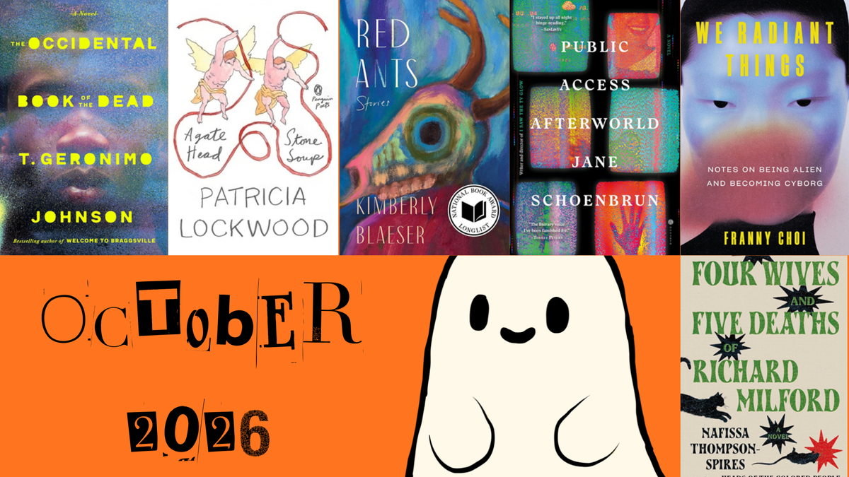 Jackets of the six books, with five at the top and one on the bottom. The bottom row also includes a graphic of a smiling ghost. Orange background with 'October 2026' in magazine cut-out f