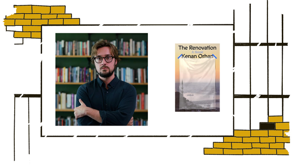 Author photo of Kenan Orhan and cover of his novel The Renovation set against a partially erased background of prison bars and bricks.