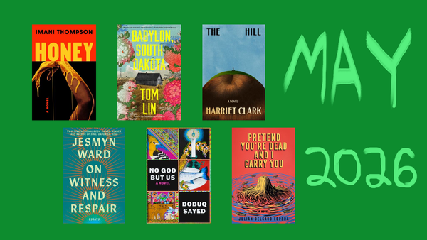 The books featured in this article on a deep green background and "May 2026" roughly drawn in a lighter green.