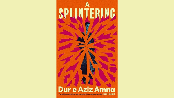 Cover of A Splintering set on a parchment-colored background, featuring a person looking through shard-like apertures that are elsewhere filled in with solid pink set against orange.