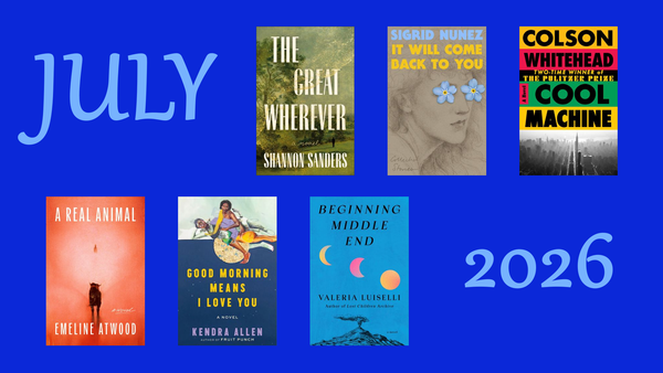 A solid royal-blue background with "July 2026" in French blue and a sweeping serif script, and images of the books featured in this article in two staggered rows