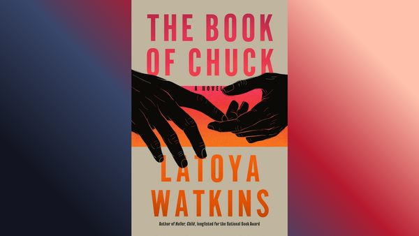 The cover of The Book of Chuck, featuring two sketched black hands, one reaching out to touch the index finger of the other. The background is a gradient from blue to light red.