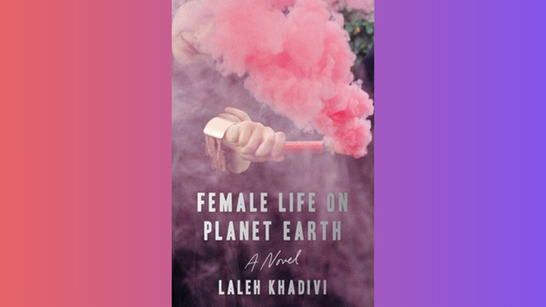 Cover of Female Life on Planet Earth, showing a person's hand holding a flare letting off pink smoke, set against a pink to purple gradient background
