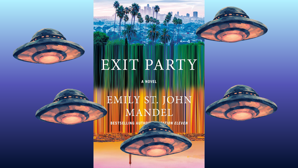 Cover of Exit Party with UFOs of a similar green and pink color scheme hovering in the foreground 