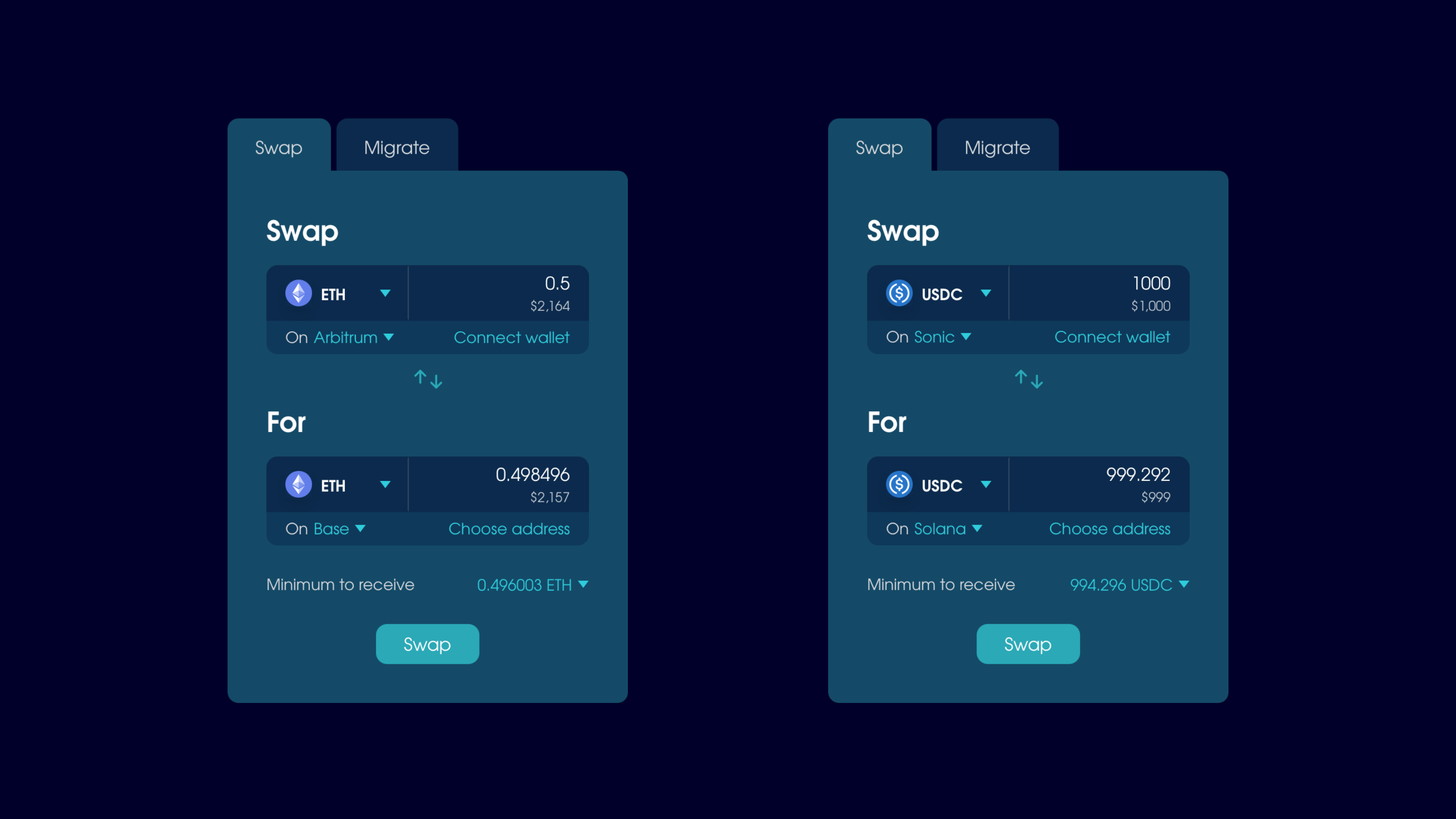 A compilation of cross-chain transfers: ETH from Arbitrum to Base and USDC from Sonic to Solana.