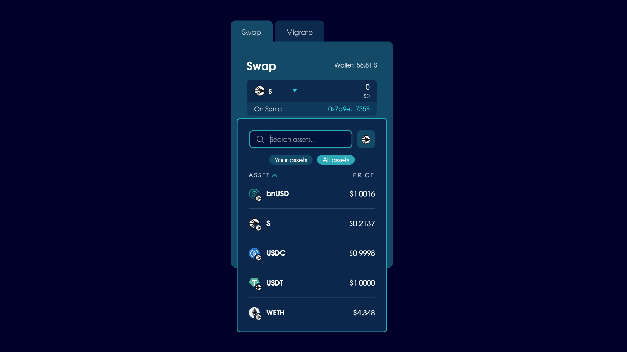 The asset selector in the Swap tab, filtered to show assets on Sonic: bnUSD, S, USDC, and USDT.