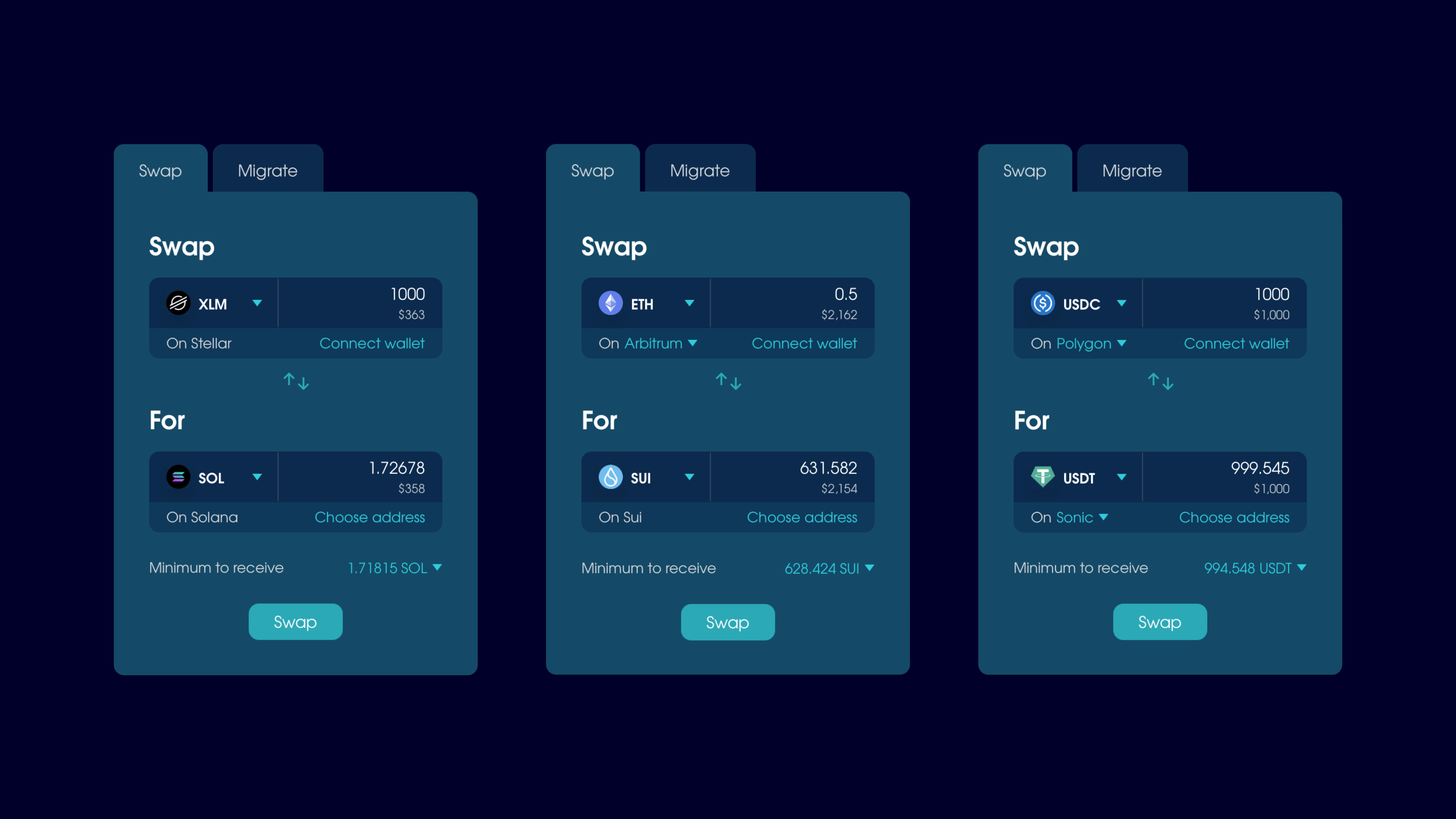A compilation of swaps: XLM > SOL, ETH > SUI, and USDC > USDT.
