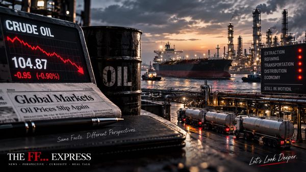 Oil market display showing falling crude prices alongside an oil barrel, tanker, refinery and fuel transport trucks.