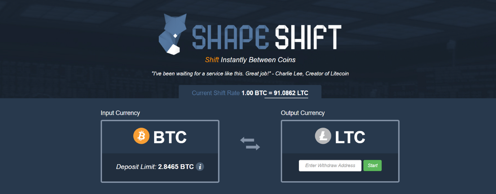 ShapeShift's home page in 2014&nbsp;