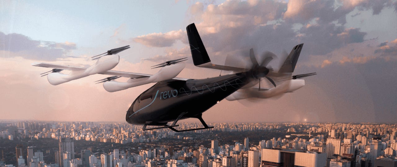 An Eve Air Mobility Revo electric vertical takeoff and landing vehicle in the sky.