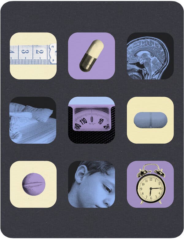 A collage illustration of images contained in phone app shapes, including: a measuring tape, a scan of a human brain, an empty bed, a scale, a sad child, an alarm clock and pills. 