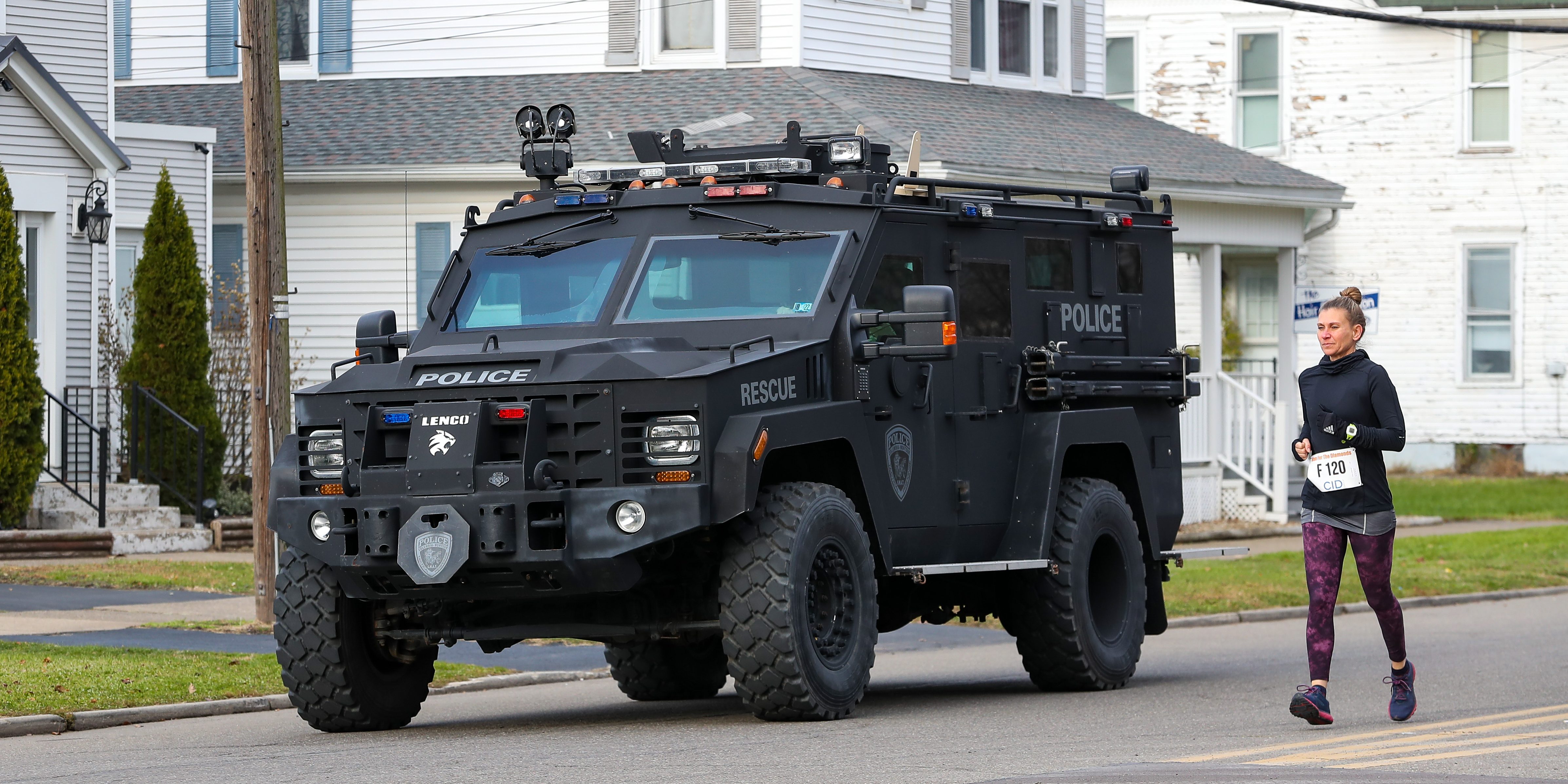 BERWICK, UNITED STATES - 2021/11/25: A police Lenco Bearcat armored vehicle patrols the course during the 112th Annual Run for the Diamonds.
About 900 runners participated in the 112th Annual Run for the Diamonds.
The top seven male and female finishers of the nine mile race win diamond jewelry. (Photo by Paul Weaver/SOPA Images/LightRocket via Getty Images)