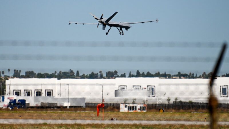 A General Atomics MQ-9 Reaper practices landings at March Air Reserve Base on Thursday, Aug 17, 2023 in Moreno Valley, Calif. | Dylan Stewart/AP/Newscom