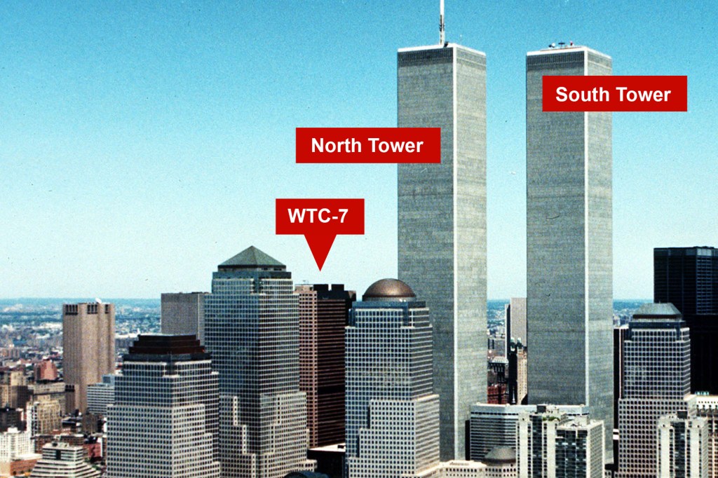A shot of the WTC7 building in proximity to the the Twint Towers. 