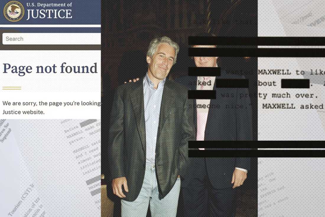 This collage shows a photo of Jeffrey Epstein standing with Donald Trump along with a heavily redacted Epstein file and a screenshot of the Justice Department website saying: "Page not found."