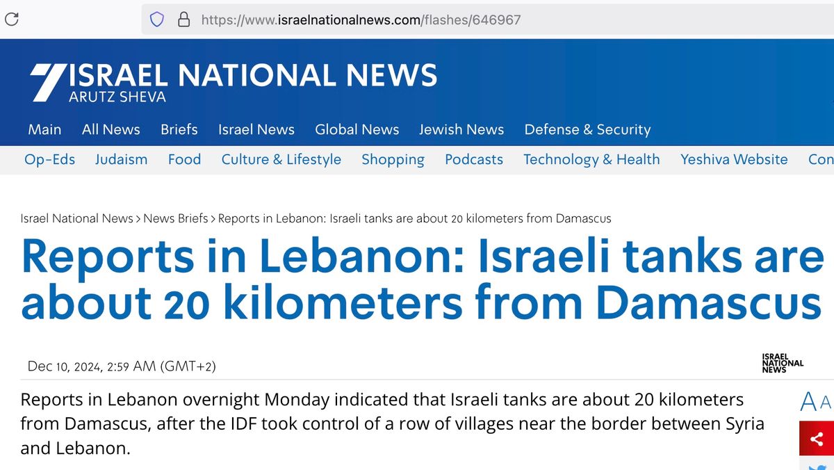 Israel took a small area adjacent to the Golan Heights-Syria buffer zone, but its tanks are heading inland to Damascus, while its bombs destroy Syria's military infrastructure