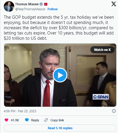 US Rep. Thomas Massie Says the House Republican Budget Bill WIll Add $20 Trillion to US Debt