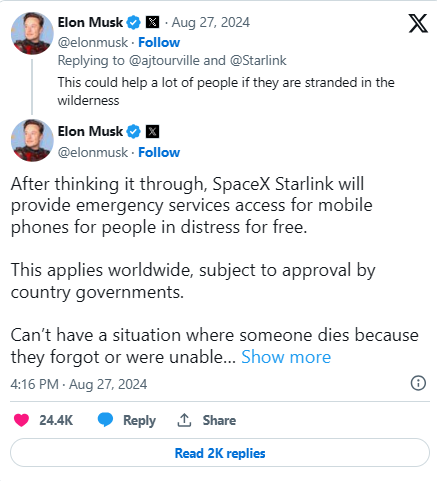 Elon Musk Offers Free Cellular Starlink For Emergencies Worldwide As Space Race With Legacy Mobile Carriers Heats Up