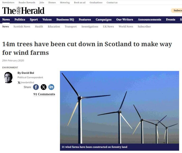Scotland cut down 14 million trees for wind farms, while the UK spends £22 billion on carbon capture machines—the same function trees provide for free.