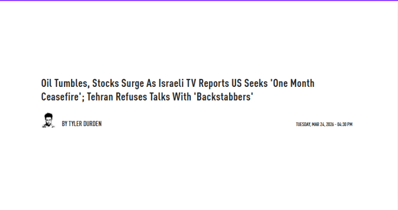 Oil Tumbles, Stocks Surge As Israeli TV Reports US Seeks 'One Month Ceasefire'; Tehran Refuses Talks With 'Backstabbers'