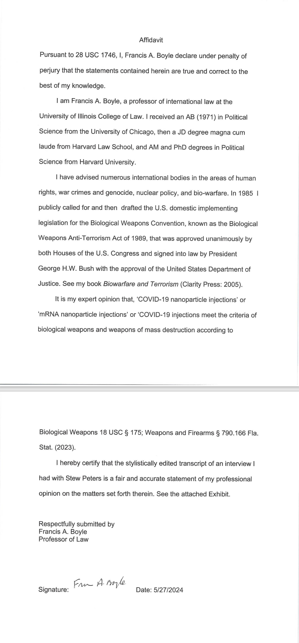 Breaking: Law Professor that Wrote 1989 Biological Weapons and Antiterrorism Act Provides Affidavit that COVID 19 mRNA nanoparticle injections are Biological Weapons and Weapons of Mass Destruction