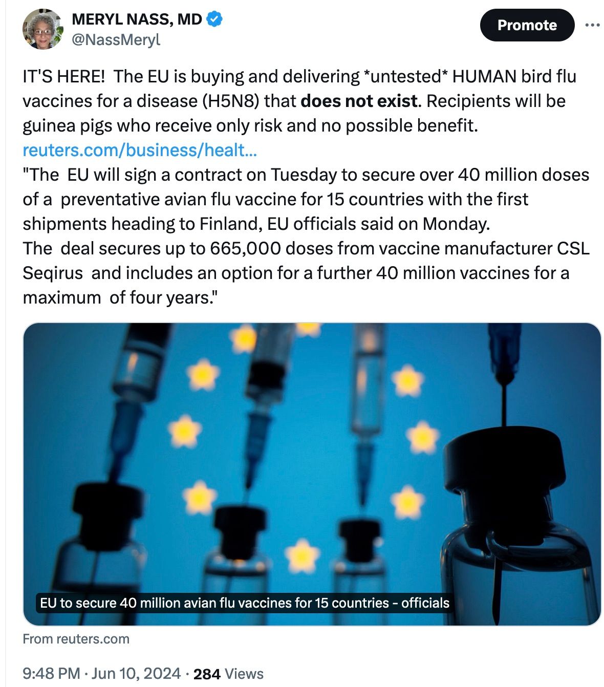 H5N8 Bird Flu vaccine shipping to EU: up to 40 million doses of an untested vaccine designed for a disease that does not exist