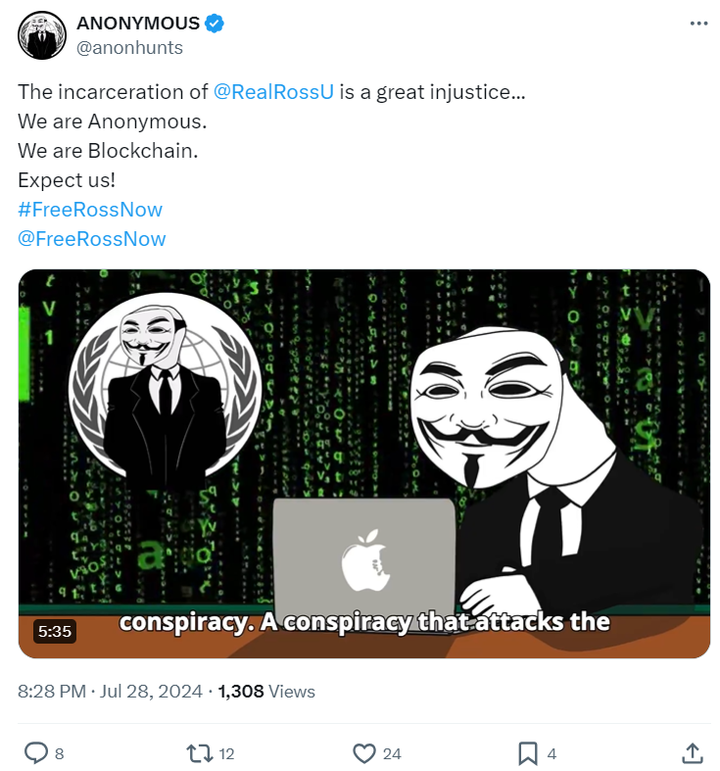 Anonymous Hacking Collective Release Five Minute Video Exposing "Government" Criminality in Ross Ulbricht Case
