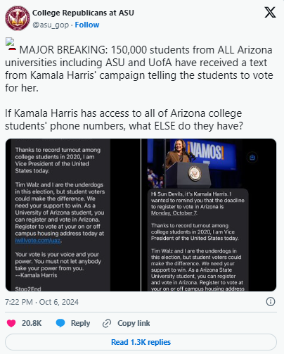 ALL 150,000 Arizona and ASU Students Get Campaign Text From Kamala Harris!