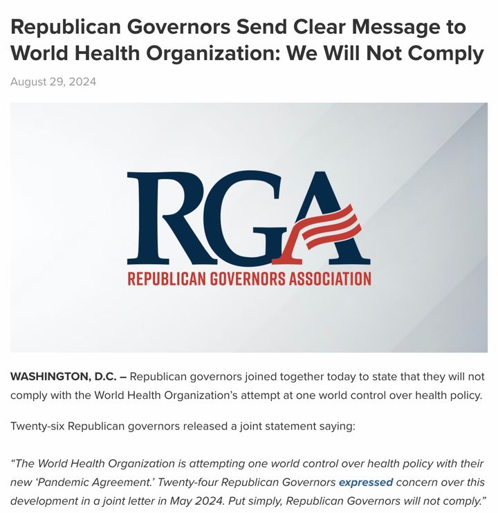 Take your Pandemic Treaty and Shove it: 26 Republican governors say "We Will Not Comply with... One World Control Over Health"