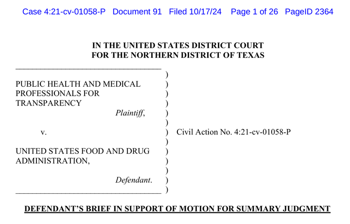 The FDA asks the court to stop producing Pfizer BLA documentation