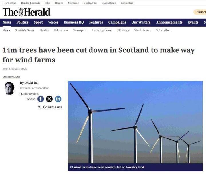 Scotland cut down 14 million trees for wind farms, while the UK spends £22 billion on carbon capture machines—the same function trees provide for free.