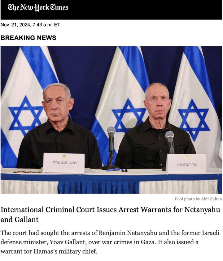 International Criminal Court issues arrest warrants for Israeli Prime Minister Benjamin Netanyahu and Defense Minister Yoav Gallant