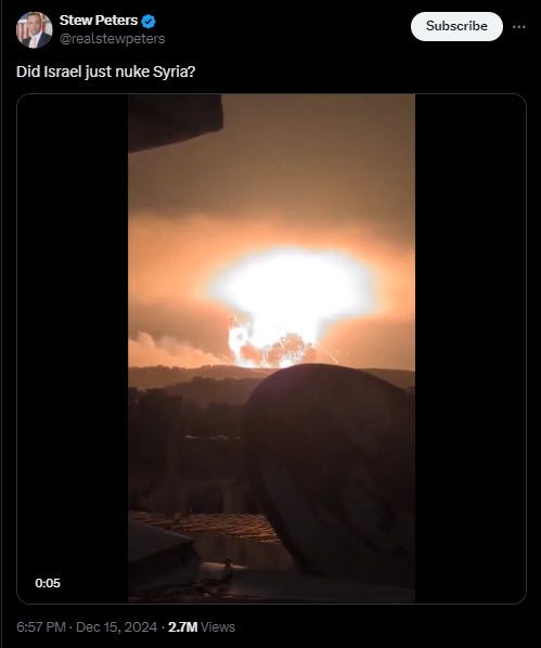 Stew Peters Tweets Speculation That Israel Nukes Syria - Discrediting Re-tweeters