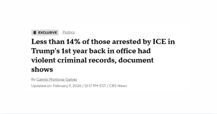 Less than 14% of those arrested by ICE in Trump's 1st year back in office had violent criminal records, document shows