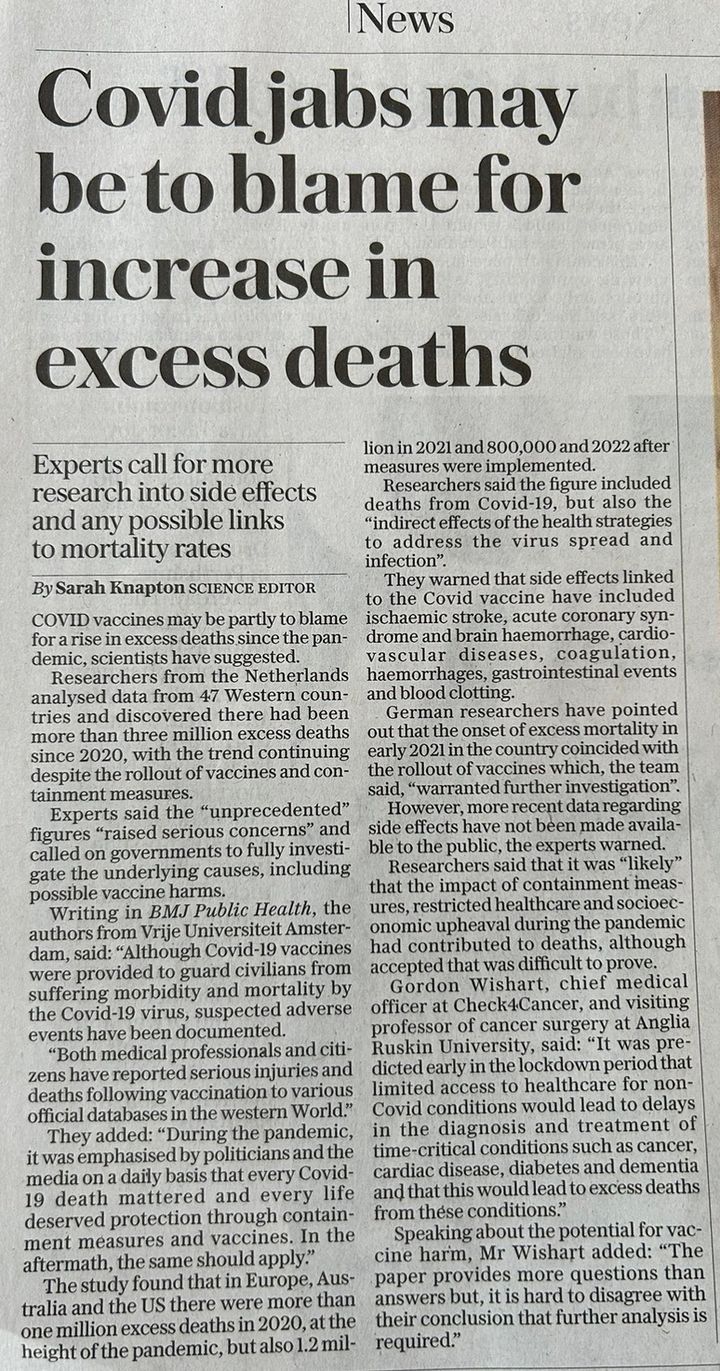 The Dam Has Broken. UK's Telegraph says COVID shots "may be to blame for increase in excess deaths"