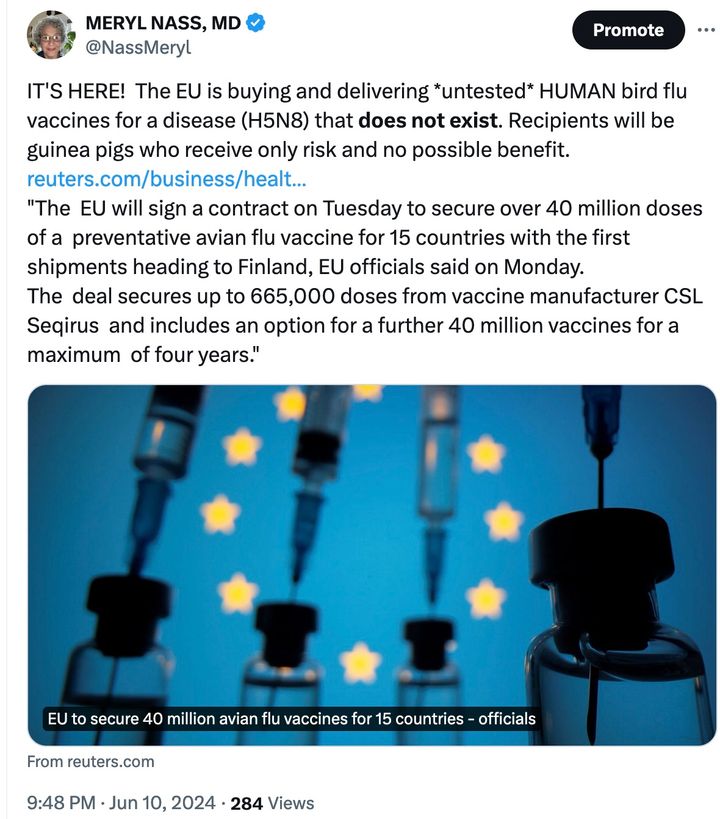 H5N8 Bird Flu vaccine shipping to EU: up to 40 million doses of an untested vaccine designed for a disease that does not exist