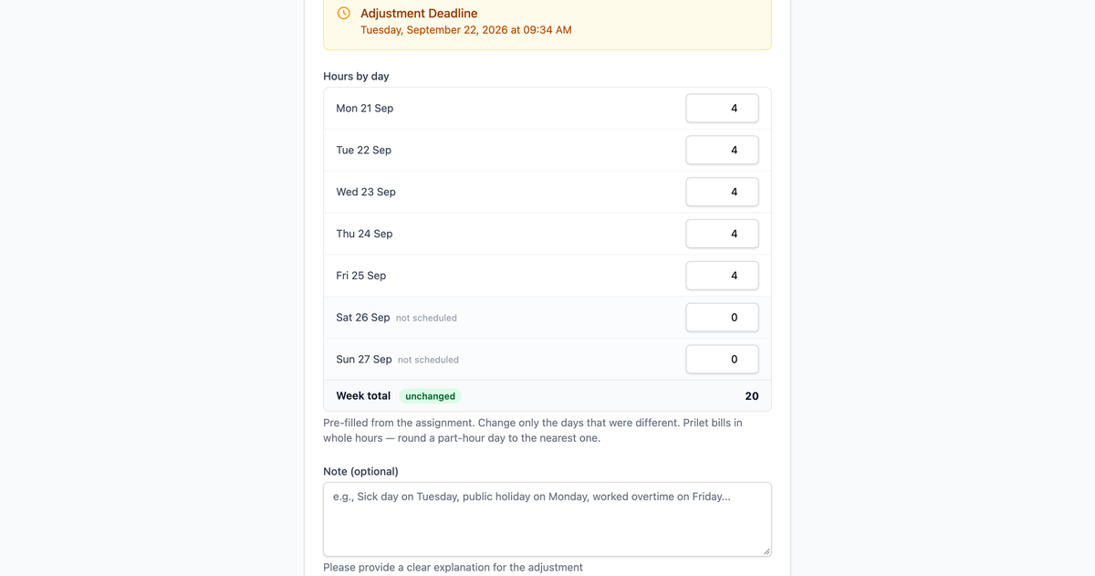 Your hours now arrive filled in, day by day