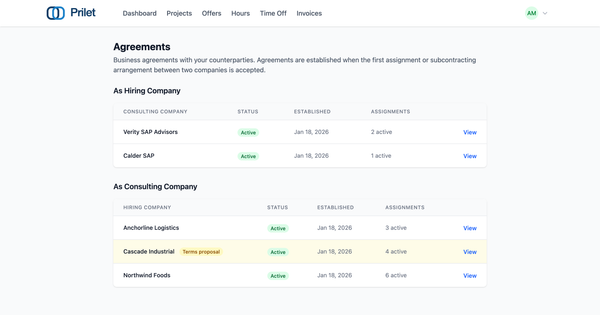 The relationship between two companies gets a row of its own