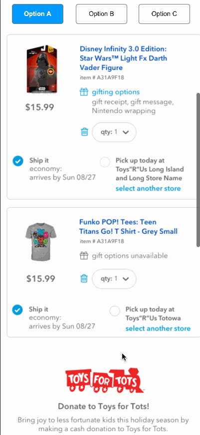 Animated GIF showing a mobile shopping cart with button animations.