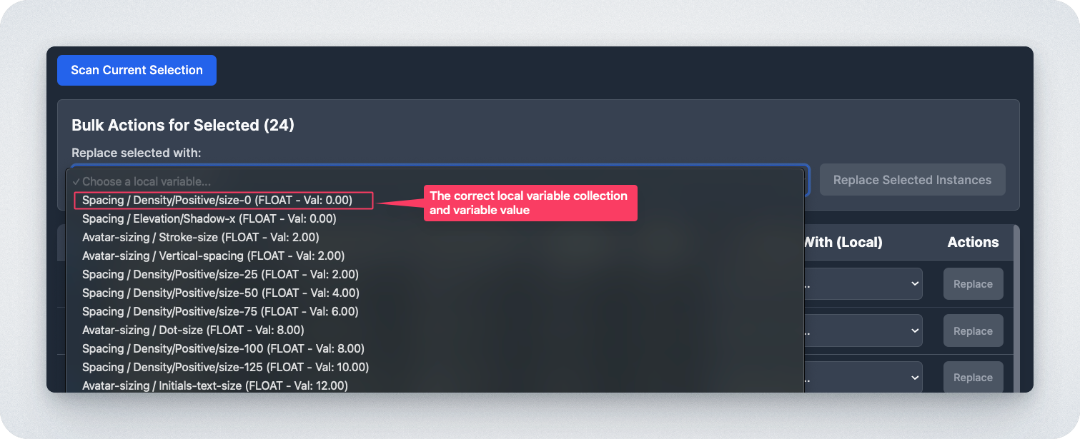 Screenshot of a Figma plugin's UI that shows a dropdown menu for replacing remote variables with local ones