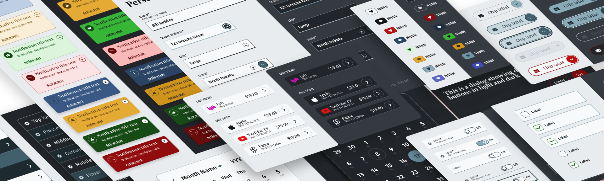 A bunch of UI components in both light and dark mode created in Figma. These leverage variables to make creation of light and dark designs much much easier.