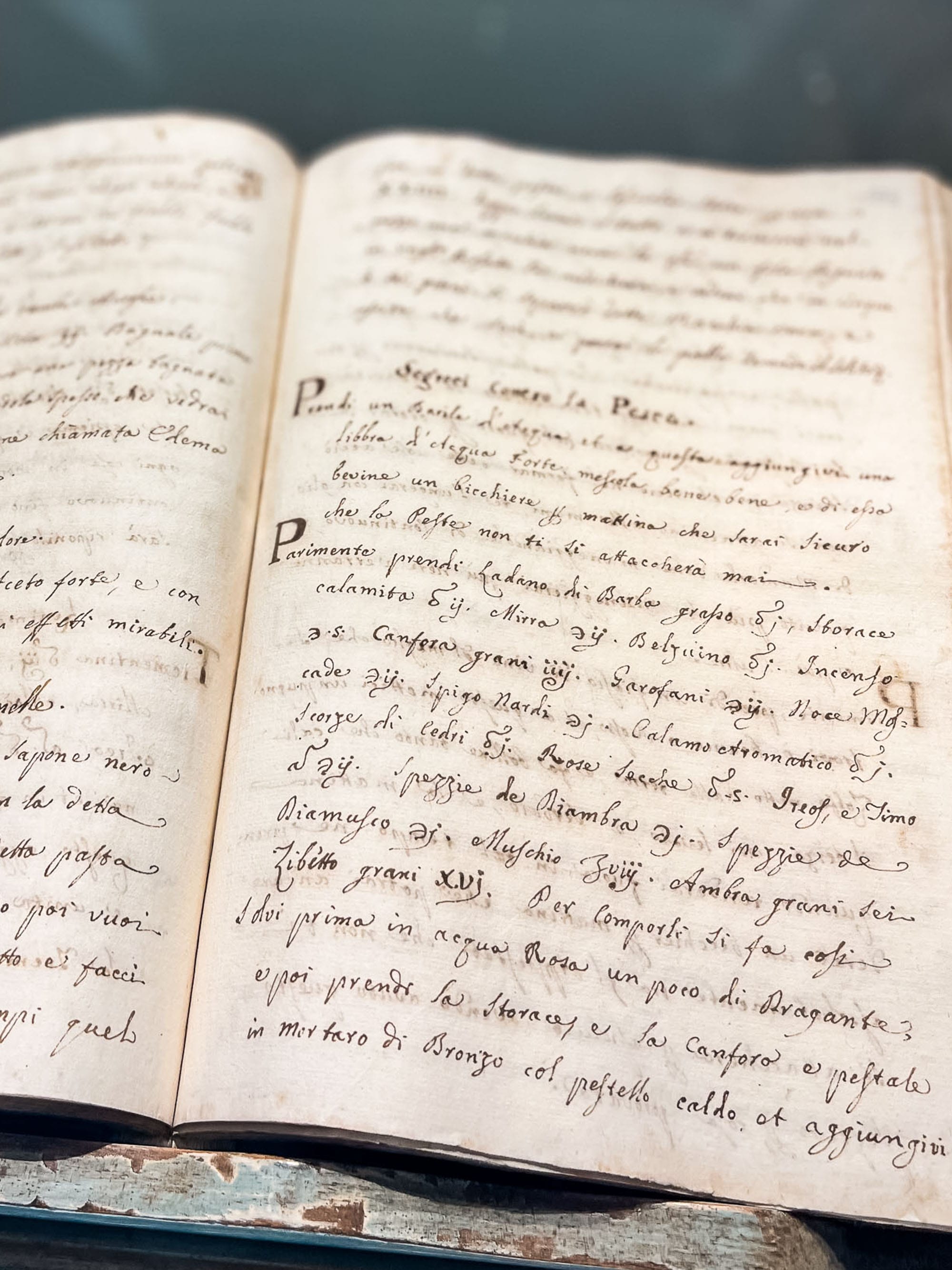 An ancient book at Santa Maria Novella museum in Florence, Italy