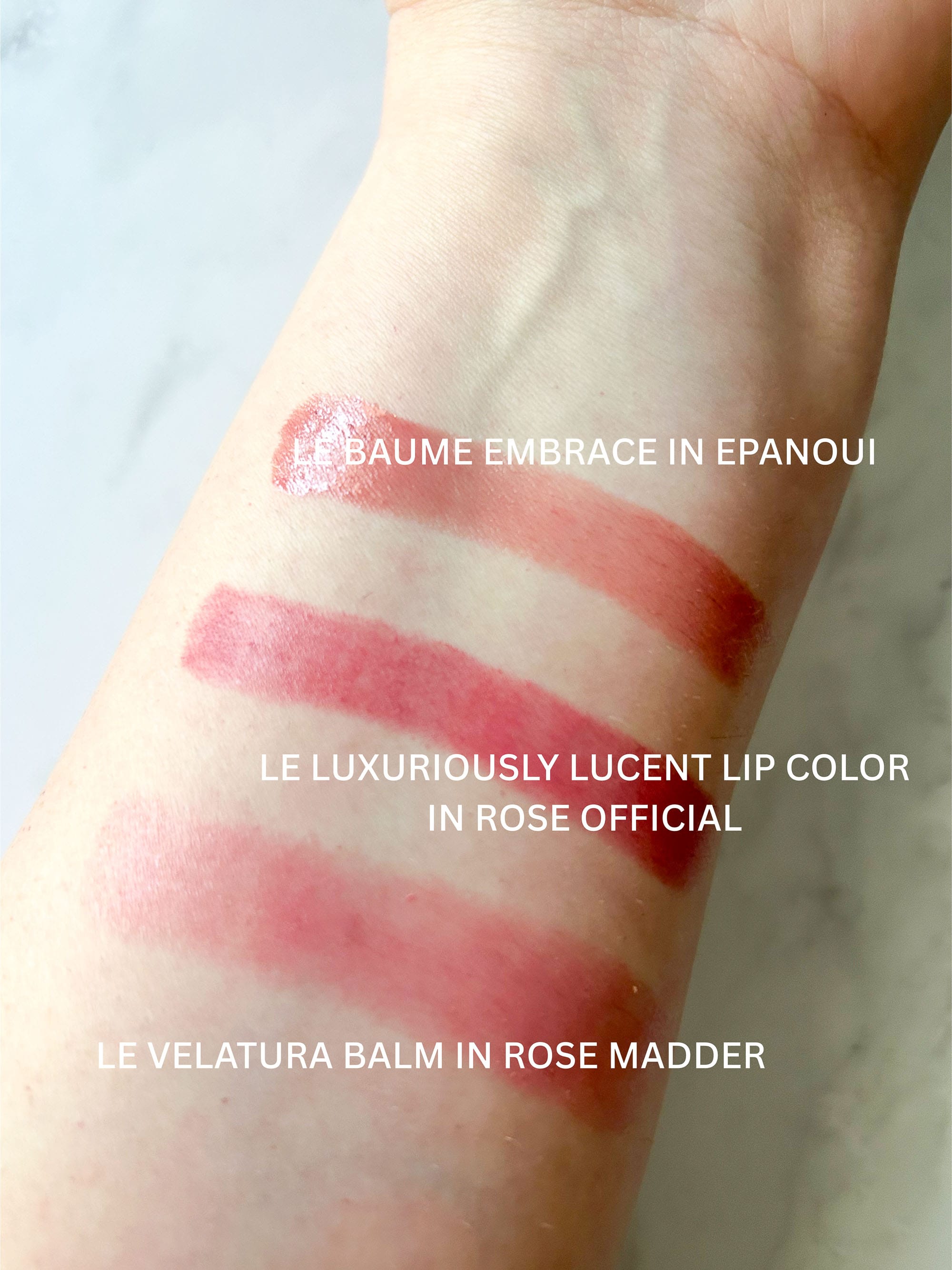 Lisa Eldridge Velatura Balm Rose Madder swatches compared to Baume Embrace Epanoui and Luxuriously Lucent Rose Official