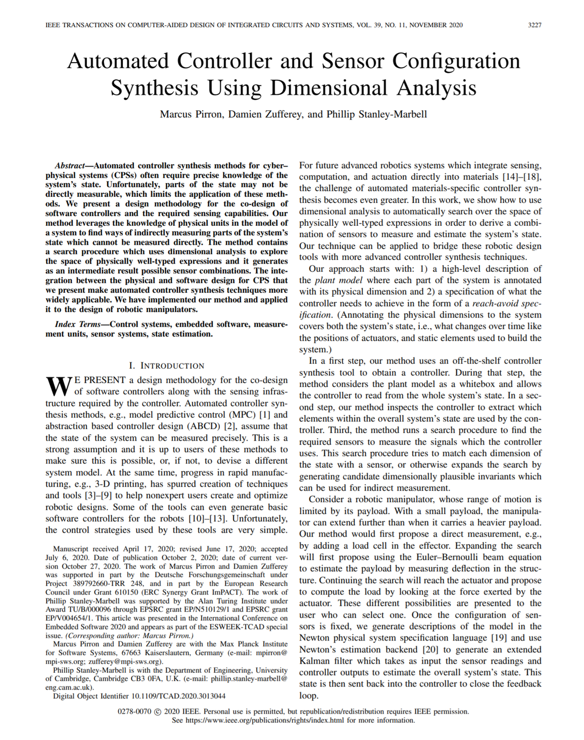 Automated Controller and Sensor Configuration Synthesis using Dimensional Analysis